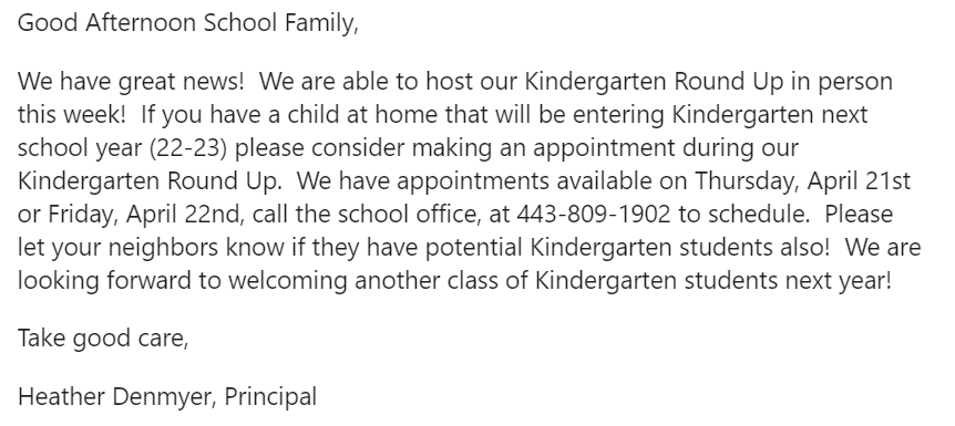 Please help spread the word about our upcoming Kindergarten Round UP. #workhardbekindhavefun
<a href="/HeatherDenmyer/">Heather Freeman Denmyer</a>
