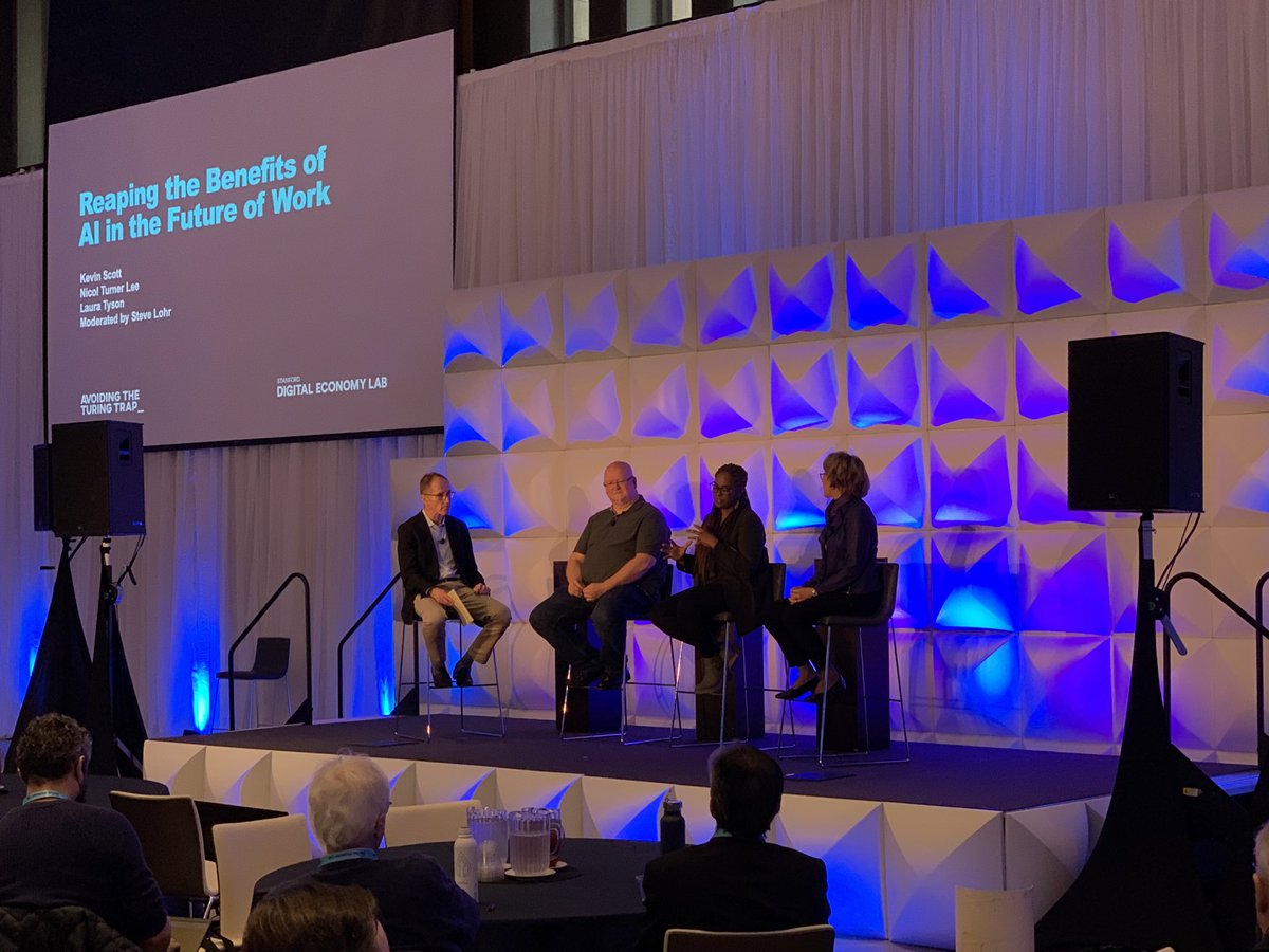 erikbryn's tweet photo. Here is @nturnerlee calling for deploying AI to help a broader cross section of society with @kevin_scott, @LauraDTyson and @SteveLohr at the @DigEconLab workshop on AI and the Future of work. 

#TuringTrap #aI #FoW https://t.co/PjtMYa2dtg