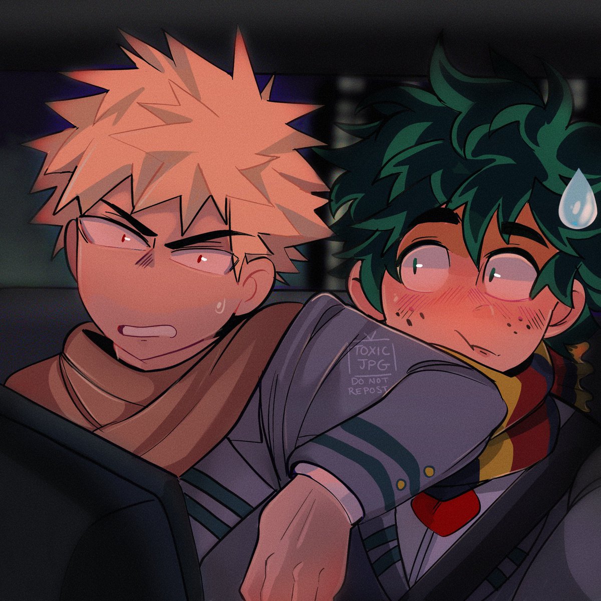 bakugou katsuki ,midoriya izuku multiple boys 2boys freckles scarf male focus blonde hair sweatdrop  illustration images