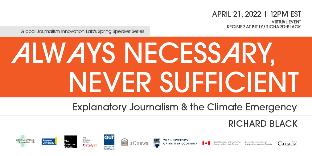 jordanomstead's tweet photo. THIS THURSDAY! Join former BBC environmental correspondent @_richardblack and host @lizdubois as they talk journalism and the climate emergency for the Global Journalism Innovation Lab’s Spring Speaker Series. Register now (it's free!): https://t.co/Ipeks08mZj https://t.co/OkDg5t2Pq2