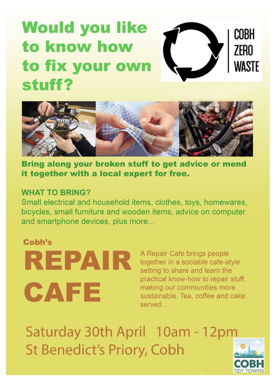 Let’s get busy repairing,reusing and reacquiring knowledge! Cobh’s 2nd Repair Cafe is on 30th April from 10-12. 🪡🪛🪚💻📱🚲 #repair #reuse #repaircafe #cobh #zerowaste