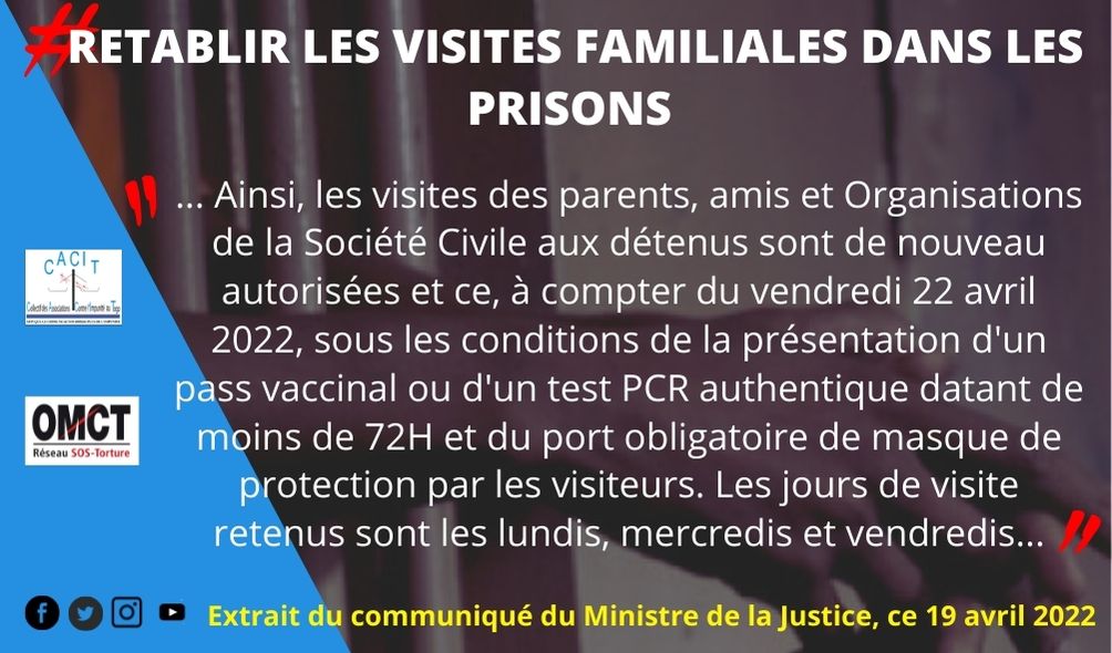 cacit_togo's tweet photo. Les visites peuvent ainsi reprendre à compter de ce 22 avril 2022. Le CACIT et l' @omctorg se félicitent de cette action effective du @GouvTg faisant suite à nos actions de campagne et de plaidoyer pour une reprise des visites familiales aux détenus.
#DroitdeVisite https://t.co/3Bpl9nw6Cj