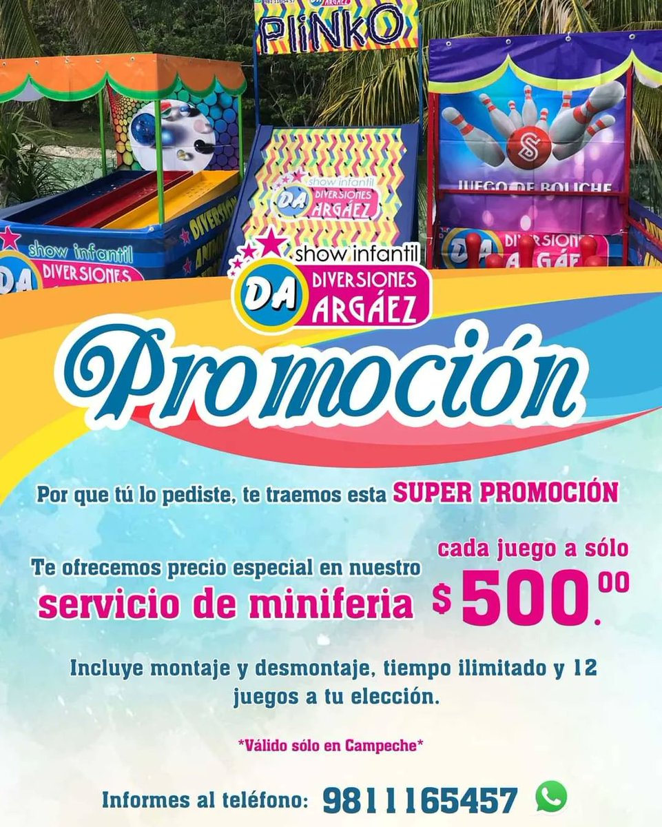 DA_Campeche's tweet photo. 🎉��� Recuerda que tenemos también servicio de MINIFERIA, pregunta por tus juegos favoritos y dale a tus fiestas un toque divertido y muy diferente 😍 más información al 9811165457 📞 https://t.co/4Au62h4VWd