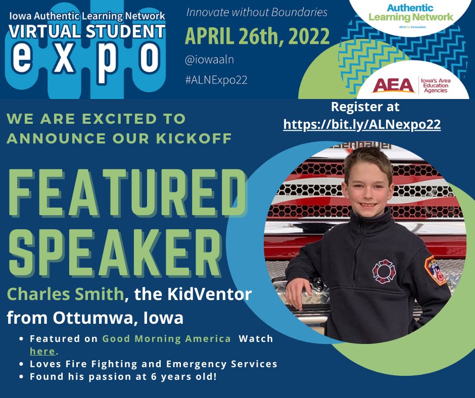 IowaALN's tweet photo. There is still time to register!! Calling all students, educators, &amp; business partners!!  Learn about #authenticlearning via PK-12 student project expo!
👉🏻https://t.co/e4h1CFltIf #iaedchat @iowa_aea @AEAlearning #iowa @IowaSTEM @iowaworkforce @IowaWORKS @iJAGRocks @TheCenter_Iowa https://t.co/becQY10uAH