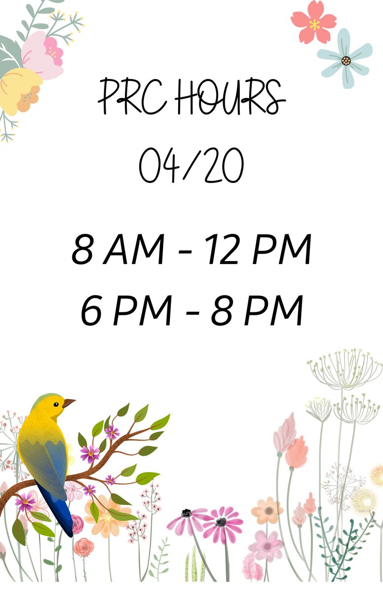 MoStatePRC's tweet image. Here are the PRC hours tomorrow (04/20)