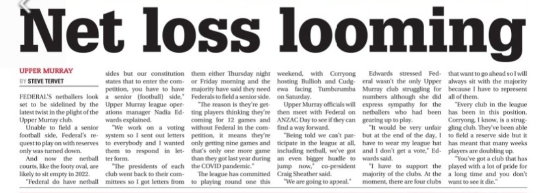 storm_girl83's tweet image. Border Mail today. The State is the Upper Murray a league that two years ago argued they would survive. Unfortunately this is reality for a lot of local footy netball clubs they just aren't quite where Federals are. #bordermail #uppermurray #football #netball