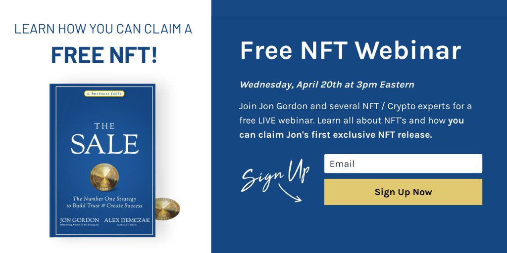 Big news! I'm launching an NFT and you can claim one for FREE. I'll explain more via a free webinar tomorrow (April 20 at 3pm ET). Will be joined by several NFT experts to teach you about NFTs too! Sign up at thesalebook.com/nftwebinar/