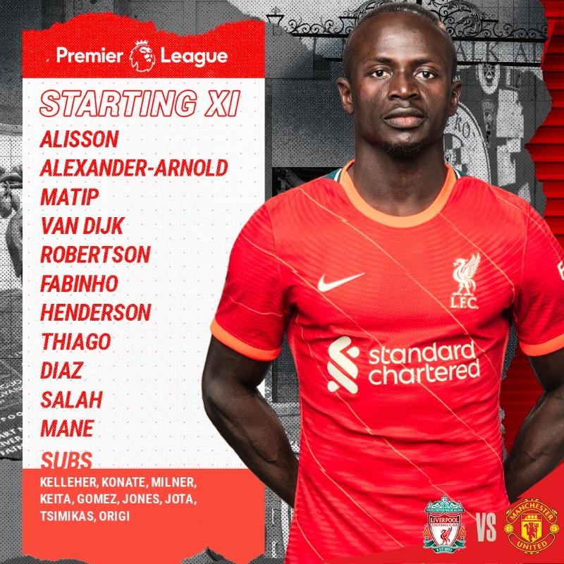 LFC's tweet photo. 🔴 #LIVMUN 𝗧𝗘𝗔𝗠 𝗡𝗘𝗪𝗦 🔴

Here's how we line up to face Manchester United tonight 👊

Roberto Firmino misses out with a minor foot injury.
