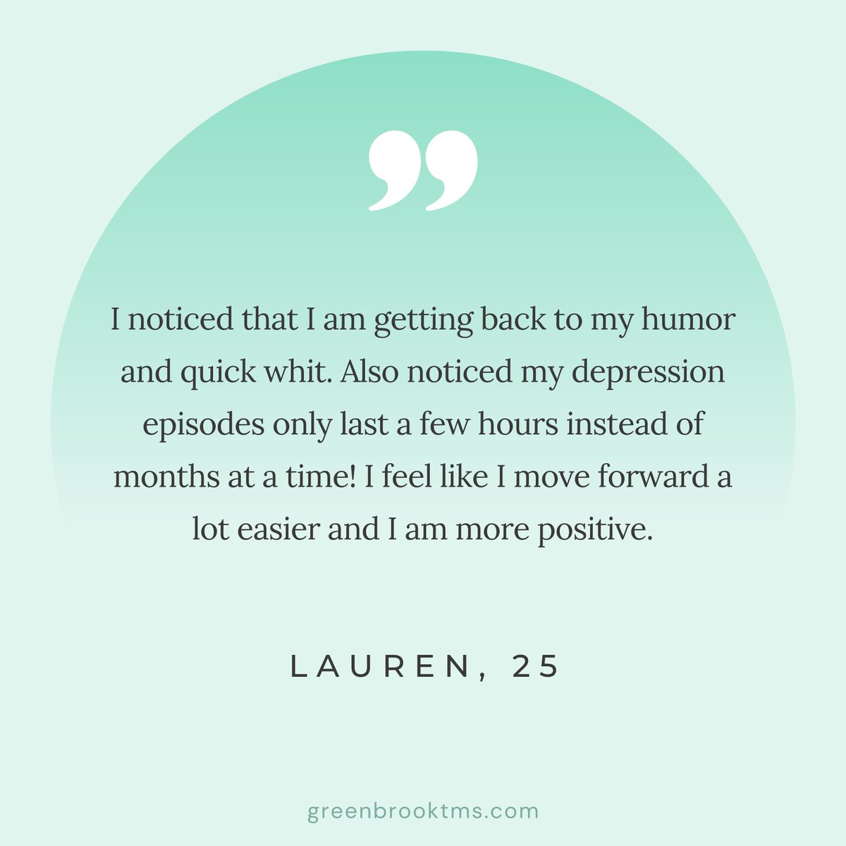 GreenbrookTMS's tweet photo. We love hearing the positive impact TMS therapy has on our patients! Are you ready to start feeling better? Take our quiz to see if TMS therapy could help: https://t.co/klpUF1JNEw
#testimonial #tmstherapy #mentalhealth #mentalhealthawareness #helpfordepression https://t.co/7ScVcOic8W