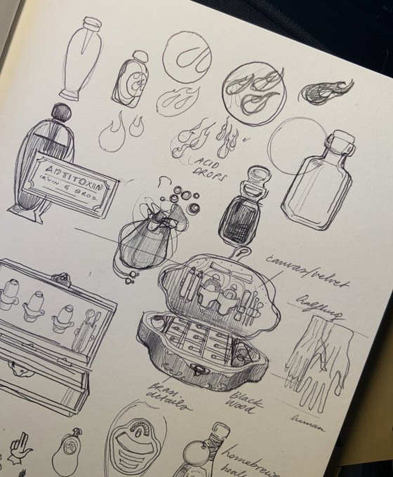 Lemme nerd out a little: I'm designs for labels, brand identities and graphics for potions and tools in fantasy settings! For example, I thought of the potion brand "fiend's claw", which uses different kinds of creature claws for different brews (inspired by the OPINEL hand logo) 