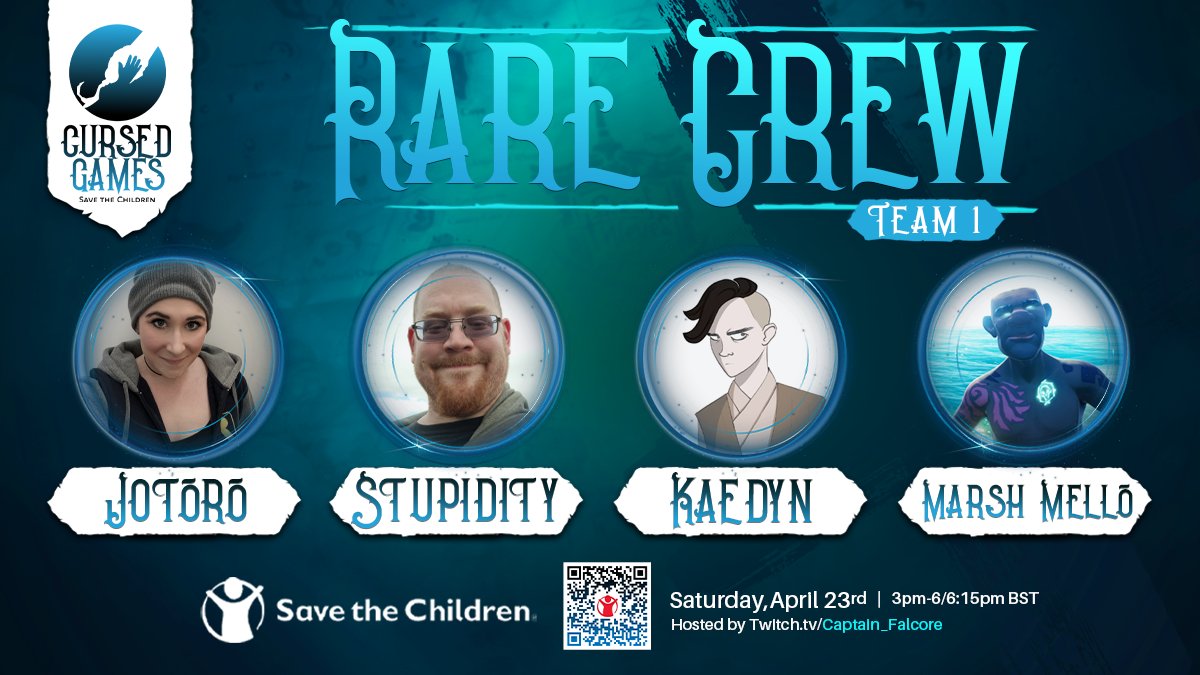 Spammals's tweet photo. TEAM ANNOUNCE!
The @RareLtd Dev crew have joined Cursed Games helping raise money for #SaveTheKids!
Remember the date!
• April 23rd
• 3pm BST
• Twitch Drops
• Giveaways
• Rare Doubling Money Raised!
• Hosted by @Captain_Falcore
#CursedGames @SeaOfThieves https://t.co/OZbNRflPGG