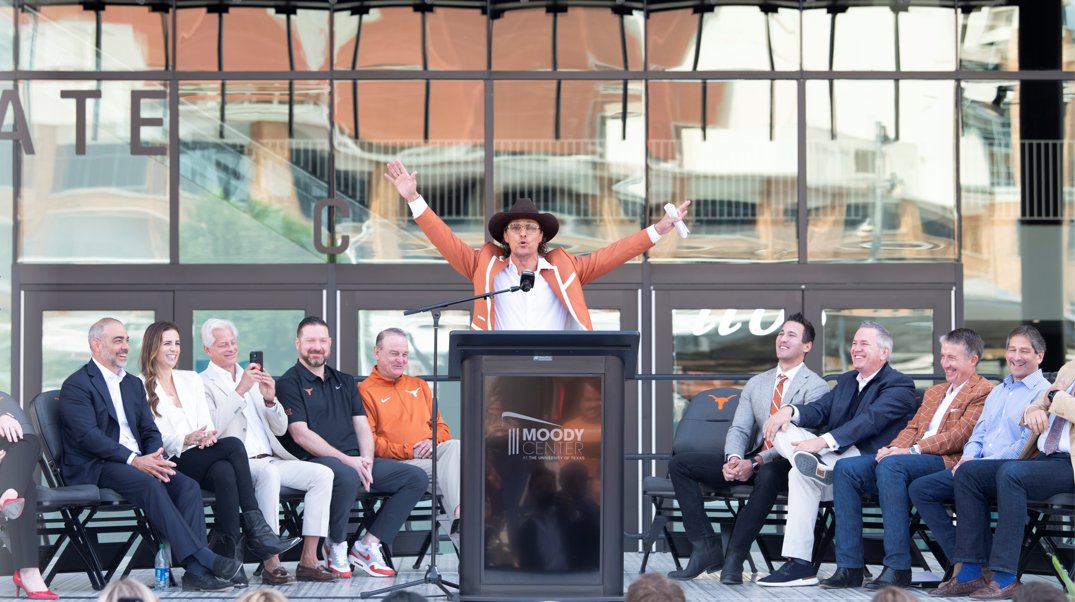 KVUE's tweet photo. "Bless the Mood, baby!" 🤘  UT Minister of Culture Matthew @McConaughey and others gathered Tuesday morning for the @MoodyCenterATX's official ribbon-cutting ceremony. (📷: KVUE's John Gusky)

MORE: https://t.co/l93A59YGPL https://t.co/abPLpTUMw5
