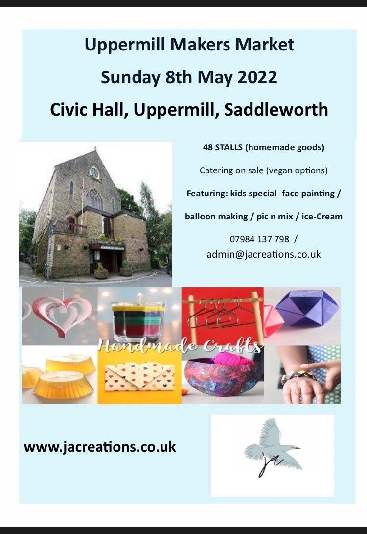 CreationsJa's tweet photo. Still a few stalls left for #UppermillMakersMarket on 8th May, contact admin@jacreations.co.uk or text #stall to 07984237798 to apply! #48Stalls #Cafe #KidsEntertainment #EcoFriendlyTheme #Vegan https://t.co/eqM3pd1zzq https://t.co/H9JbDrdsnJ