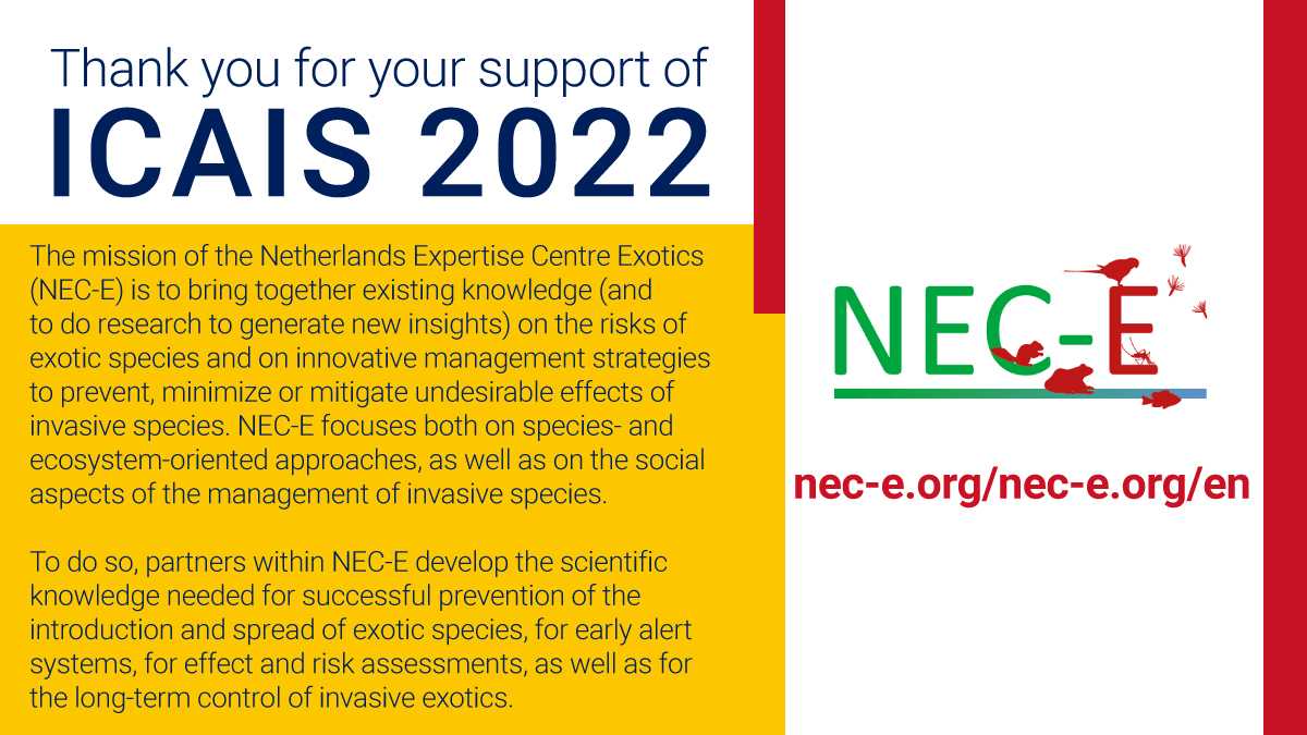 Thank you to the Netherlands Expertise Centre Exotics (NEC-E) for your partnership towards #ICAIS2022, helping to highlight the work being done to protect natural spaces from aquatic invasive species. 

Learn more about <a href="/NLexoot/">NLexoot</a>: bit.ly/3OfIl4R