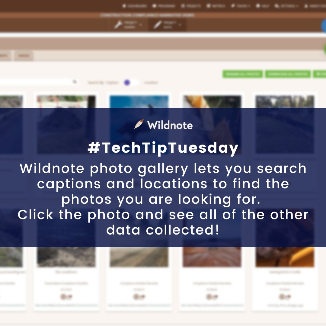 WildnoteApp's tweet image. Our #TechTipTuesdays are meant to be shared!
#GoFastGetItRight with Wildnote’s: Photo Gallery. Your photo data is captured within the app when you take photos from the app. Make sure to filter your search with captions and locations to find what you’re looking for faster.