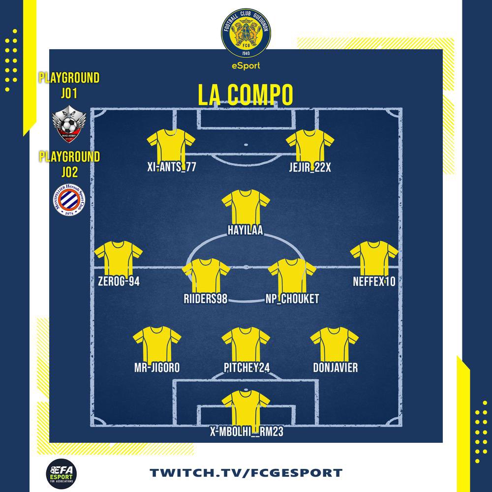 💥Gameday💥

📣 C’est la reprise, place aux playground sur <a href="/eSportFA_FR/">ESPORT FOR ASSOCIATIONS</a> 
[Playgrounds]
22:20 🆚 <a href="/MadArmyFC/">Mad Army</a> 
22:40 🆚 <a href="/MhscPro/">MONTPELLIER HSC PRO CLUB</a> 

📽️ En direct sur la chaine de <a href="/CYRADAA/">KC CYRADA ☭</a> ➡️ twitch.tv/cyrada_tv/