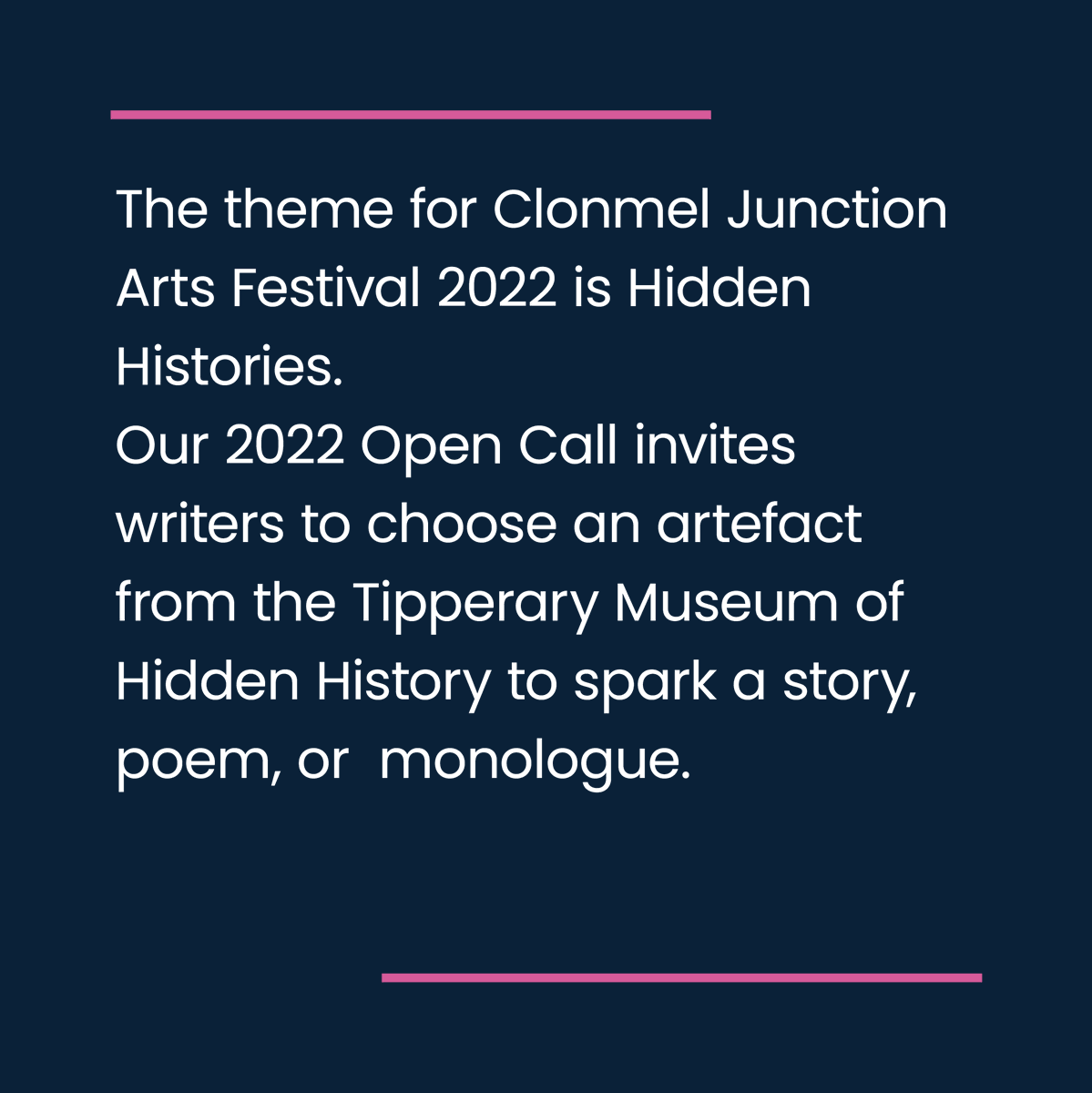 clonmeljunction's tweet photo. 📣 Calling all Writers & History Lovers 📣
CJAF & @tipperarymuseum have a very exciting project for you 🙌
The theme for #CJAF2022 is Hidden Histories.
This open call invites writers to choose an artefact from the @tipperarymuseum to spark a story, poem or monologue. https://t.co/Gl3qLLKtNd