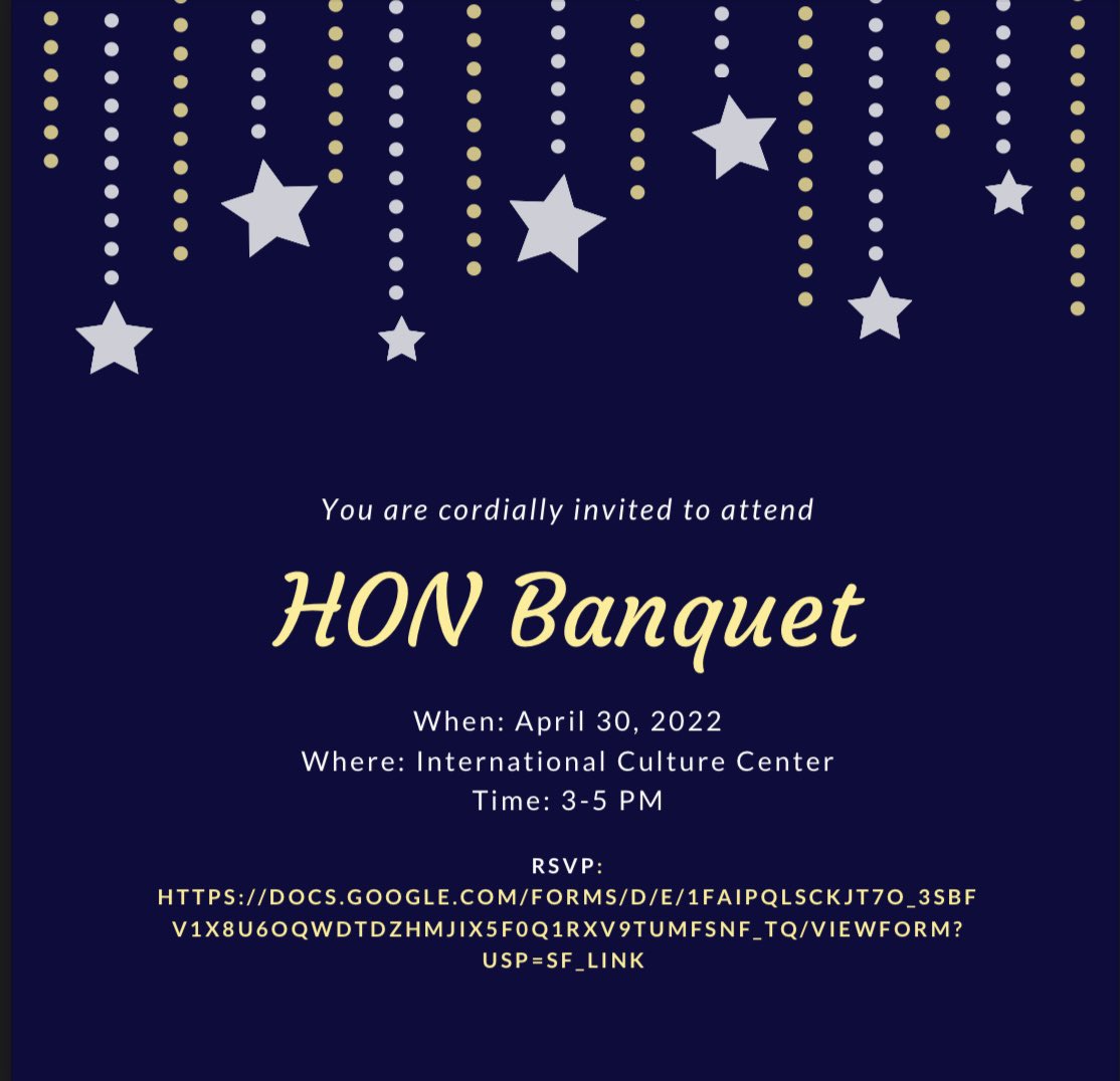 hon_ttu's tweet photo. Our banquet is April 30th from 3 PM to 5 PM at the International Culture Center! Please RSVP using the link on the poster or on our weekly emails. https://t.co/ujMbnimTWu