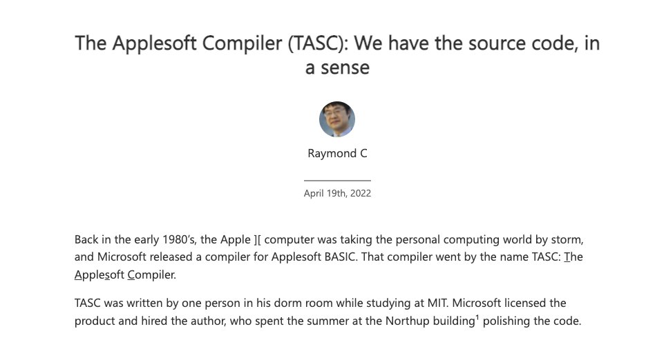 JohnKennedyEsq's tweet photo. Raymond Chen takes a look at the AppleSoft Compiler (TASC), a program published by Microsoft in the 80's.

https://t.co/zm9LdBDltW

#retrocomputing #apple #applesoft #TASC https://t.co/EQOMcZdXUo