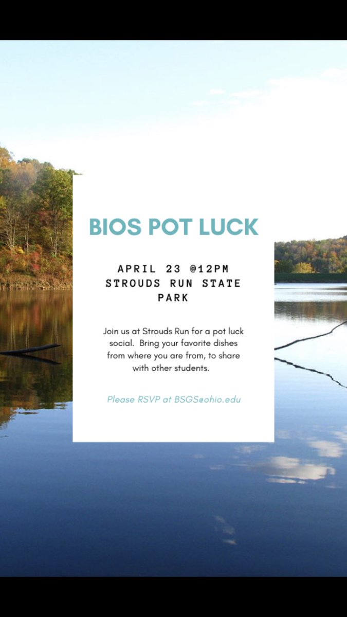Ohio University Bio Sciences Graduate Society (@oubsgs) on Twitter photo Join us this Saturday for a potluck to close out the 2021-2022 school year!
Bring a dish from your home state, country, or a favorite you grew up with and spend some time outside with your fellow graduate students!
Friends, family and pets welcome!
<a href="/OhioBioSciences/">OU Biological Sciences</a> Join us this Saturday for a potluck to close out the 2021-2022 school year!
Bring a dish from your home state, country, or a favorite you grew up with and spend some time outside with your fellow graduate students!
Friends, family and pets welcome!
<a href="/OhioBioSciences/">OU Biological Sciences</a>