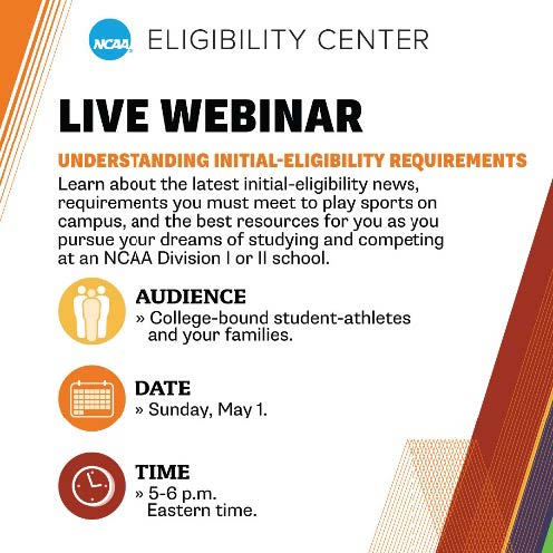 🚨Attention prospective student-athletes!🚨
Click the link below to register for a live webinar, where you'll learn about the latest initial-eligibility news and requirements you must need to play sports on campus!
Date: May 1
Time: 4-5 PM CT
…wmpf4p2n764zq7z1.pub.sfmc-content.com/i3eg5kcgn2u