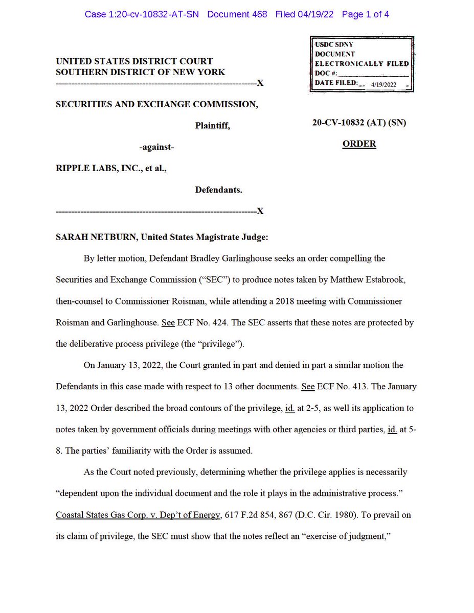 FilanLaw's tweet photo. #XRPCommunity #SECGov v. #Ripple #XRP BREAKING: Judge Netburn denies Garlinghouse's Motion to Compel Production of the Estabrook notes.  The Court states that "Estabrook’s notes are no different from the notes the Court previously found to be protected by the privilege." https://t.co/m4gI1mj1uq