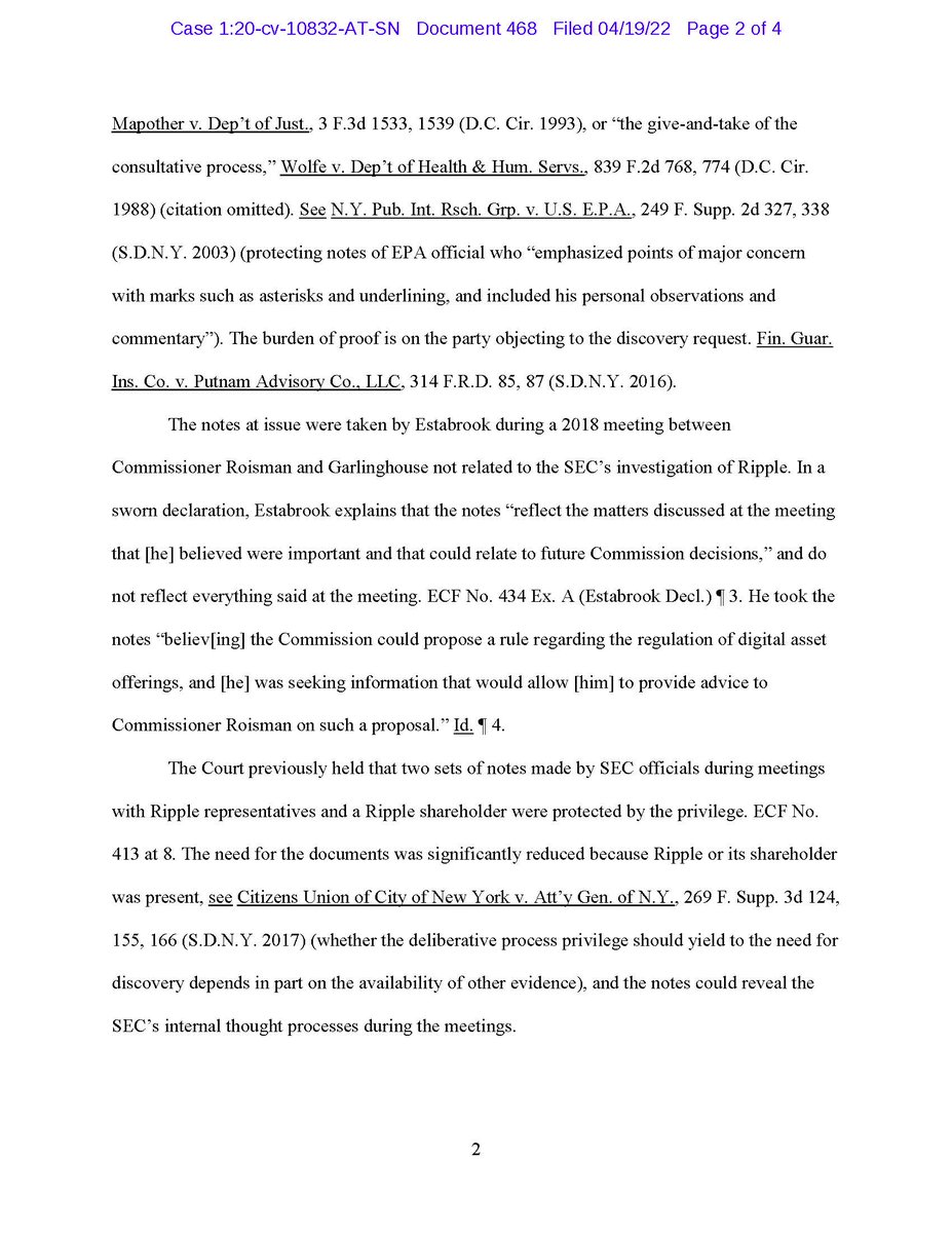 FilanLaw's tweet photo. #XRPCommunity #SECGov v. #Ripple #XRP BREAKING: Judge Netburn denies Garlinghouse's Motion to Compel Production of the Estabrook notes.  The Court states that "Estabrook’s notes are no different from the notes the Court previously found to be protected by the privilege." https://t.co/m4gI1mj1uq