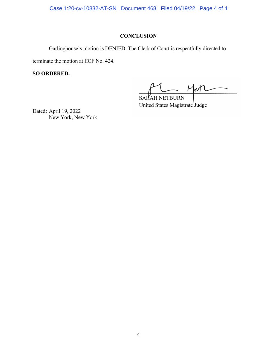 #XRPCommunity #SECGov v. #Ripple #XRP BREAKING: Judge Netburn denies Garlinghouse's Motion to Compel Production of the Estabrook notes.  The Court states that "Estabrook’s notes are no different from the notes the Court previously found to be protected by the privilege."