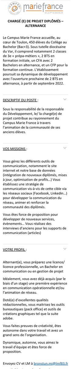 Le Campus Marie France recrute !
CHARGÉ(E) DE PROJET DIPLÔMÉS - ALTERNANCE
