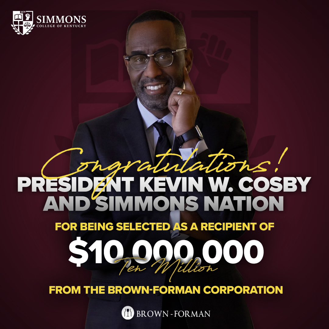 SCKY_1879's tweet photo. Congratulations President @kwcosby & #SimmonsNation on the TEN MILLION DOLLAR gift from @brownforman!
#SCKY #HBCUPride #HBCUsMatter #HBCUs #HBCUalumni #HBCUBuzz https://t.co/KQnFffcBXb