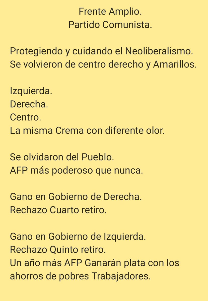 Protegiendo y cuidado el Neoliberalismo.

Se volvieron de centro derecho y Amarillos. 
Izquierda.
Derecha.
Centro.

Se olvidaron del Pueblo.
AFP más poderoso que nunca. 

Un año más AFP Ganarán plata con los ahorros de pobres Trabajadores.