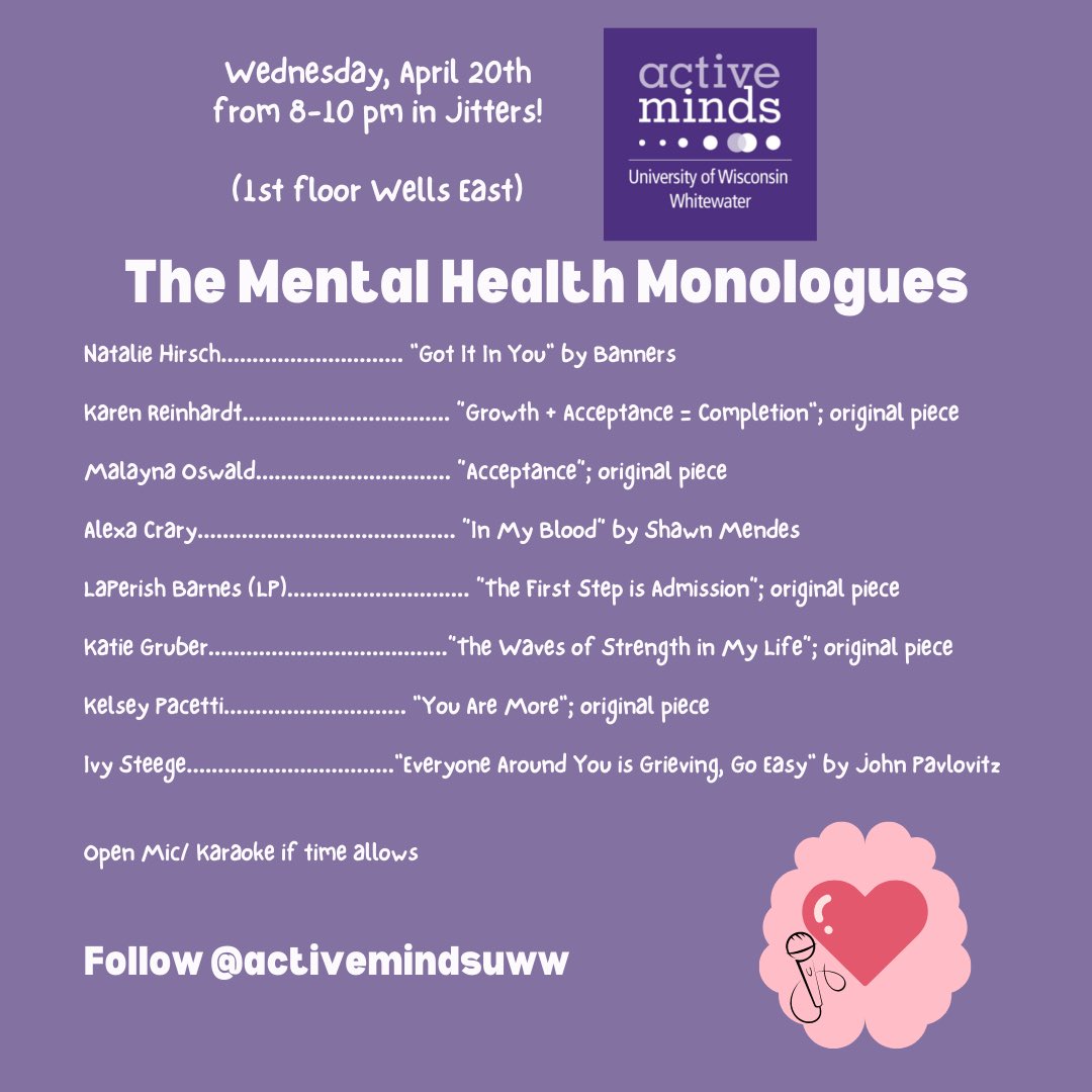 You won’t want to miss this lineup! 🎤 Join us TOMORROW for our 4th annual Mental Health Monologues performance, happening at Jitters! 🧠

Come have dinner at h’EAT &amp; Fire at 6:30 pm before the show! 🍽