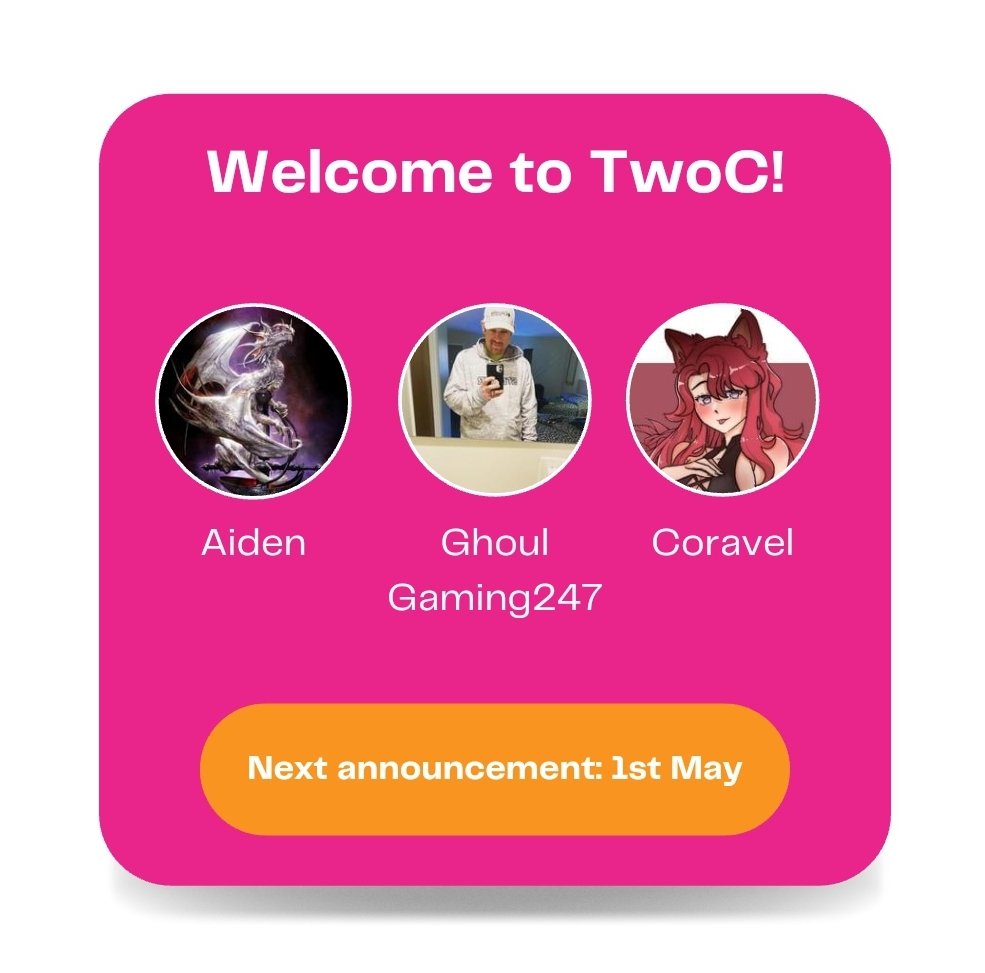 TwoC_gg's tweet photo. Ok, we are definitely late but we are now announcing the members for mid April.

We welcome the following to TwoC!
@dondonG6708
@Coravel_ 
@accuracy_exe 

we have 3 slots for the end of April. DM for applications! https://t.co/xMyE84R0tU