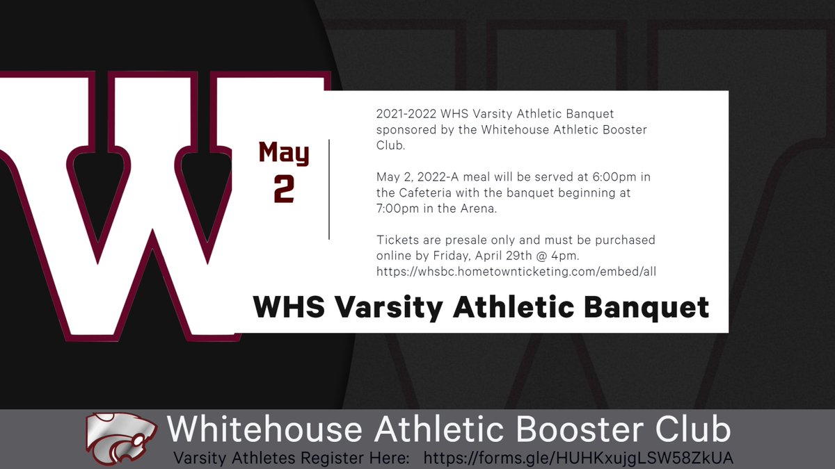 Get your athletic banquet ticket now @ whsbc.hometownticketing.com/embed/all tickets are $15 and must be purchased online by 4/29/22 @ 4pm. Varsity athletes will be fed a free meal sponsored by the WABC but MUST register by completing this google form forms.gle/Ym37fKoFZNnanJ…