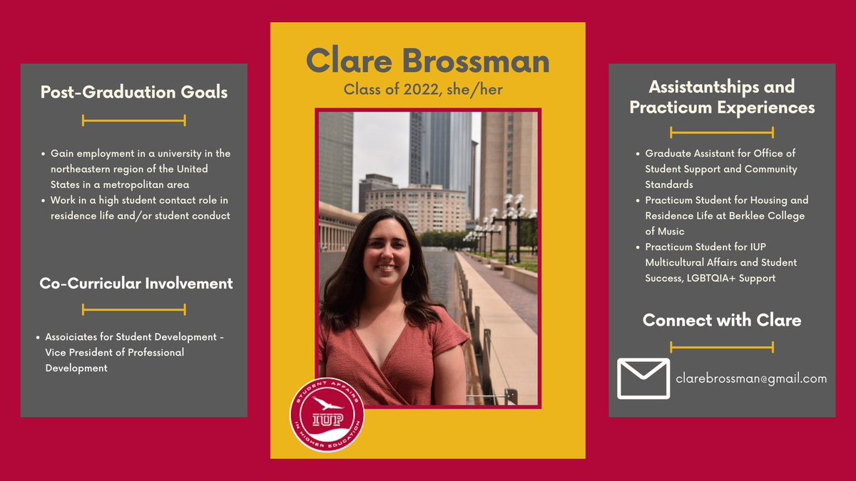 IUPSAHE's tweet photo. Clare Brossman is the Graduate Assistant in IUP Student Support and Community Standards and has had practicum experiences in Housing and Residence Life at Berklee College of Music, IUP MCSLE and IUP LGBTQIA+ Support. https://t.co/6g5Z8asvDH