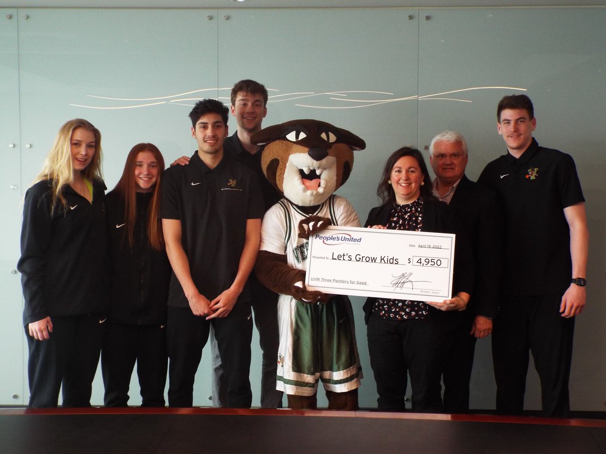 Today members of <a href="/UVMmbb/">UVM Men's Basketball</a> and <a href="/UVMwbb/">UVM Women's Basketball</a> along with Rally joined @PeoplesUnited for their Threes for Good check presentation to <a href="/LetsGrowKids/">Let's Grow Kids</a>. This season People’s United Bank graciously donated $25 to Let’s Grow Kids for every UVM regular season home three pointer totaling $4,950!