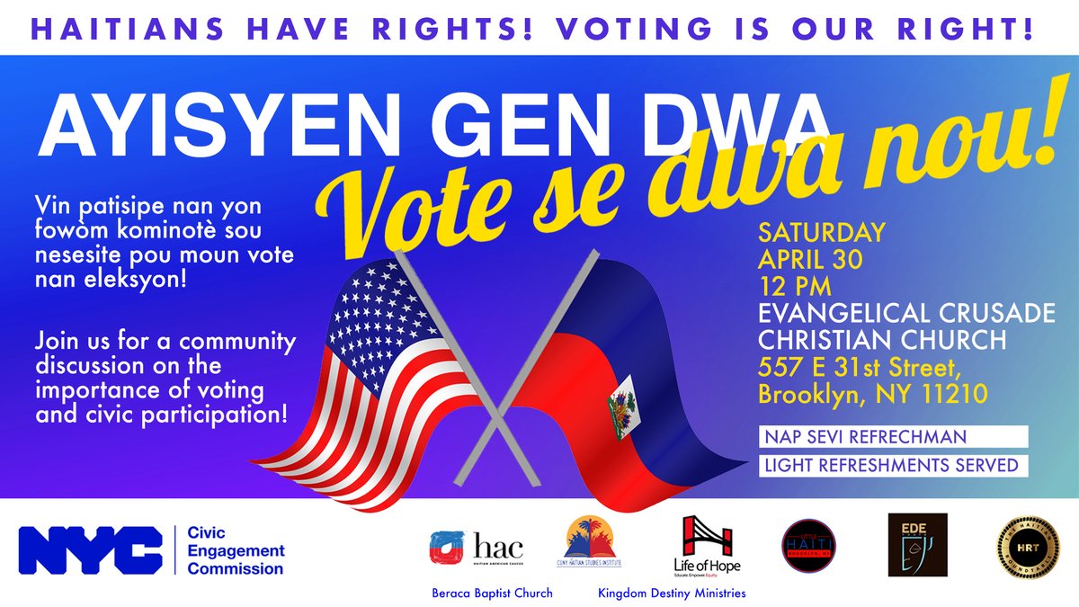 NYCCEC's tweet image. Come celebrate NYC’s Haitian Community on Sat, April 30th at 12:00pm with our partners in Flatbush! We’ll share food, an interactive civics education workshop &amp;amp; hear from community leaders! 

RSVP👉bit.ly/HCLR430 

#HaitiansHaveRights #VotingIsOurRight #LanguageJustice