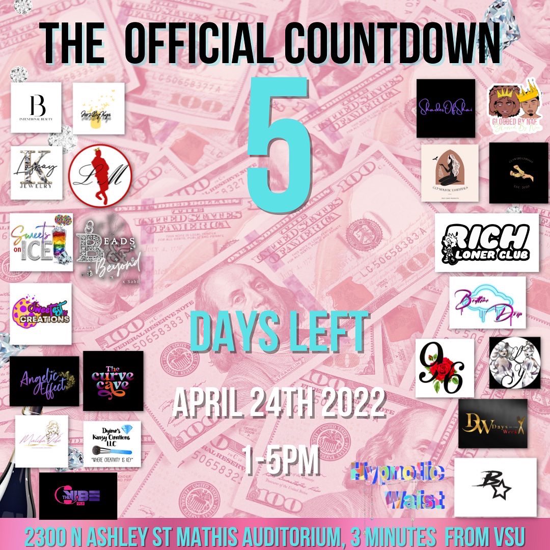 therealnevadiaa's tweet photo. We are 5 Days away from the BIG DAY! We have 40 AMAZING VENDORS with unique businesses❤️

SAVE THE DATE YOU DON’T Want to Miss it! The Venue is 3 Minutes away from VSU and it’s completely FREE at the door❤️

April 24th 2022 From 1-5PM! Come out and support your favorite bosses! https://t.co/00Fxn251Ta