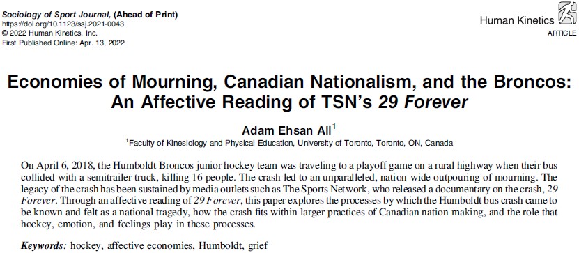 AdamAli_04's tweet photo. first solo-authored pub w. @Human_Kinetics SSJ. exploring TSN's coverage of the Humboldt Bus Crash through affect, whiteness, and Canadian nationalism. https://t.co/SyRMHaSsc3