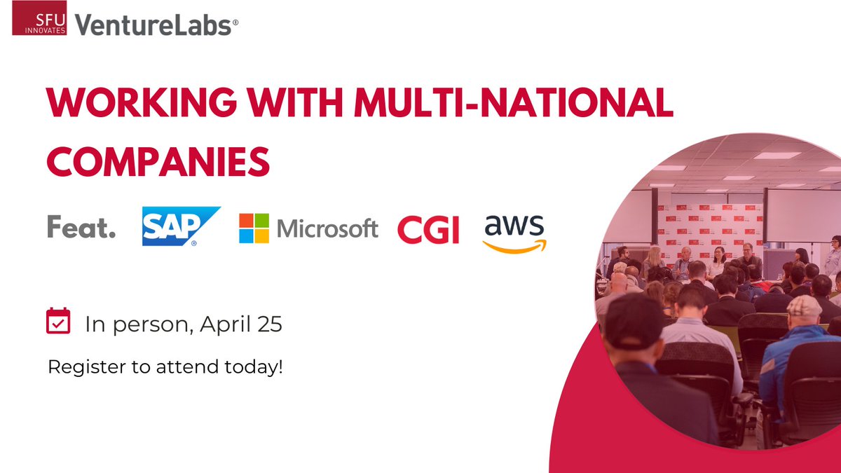 SFUVentureLabs's tweet photo. 📢We are less than a week away!! Attend our #VLmultinational panel event featuring reps from @SAP, @Microsoft, @CGI, and @AWS.

Seating is limited so learn more and pre-register today: https://t.co/JonufmpqIE
@Vantechjournal https://t.co/KedfBDSwuO