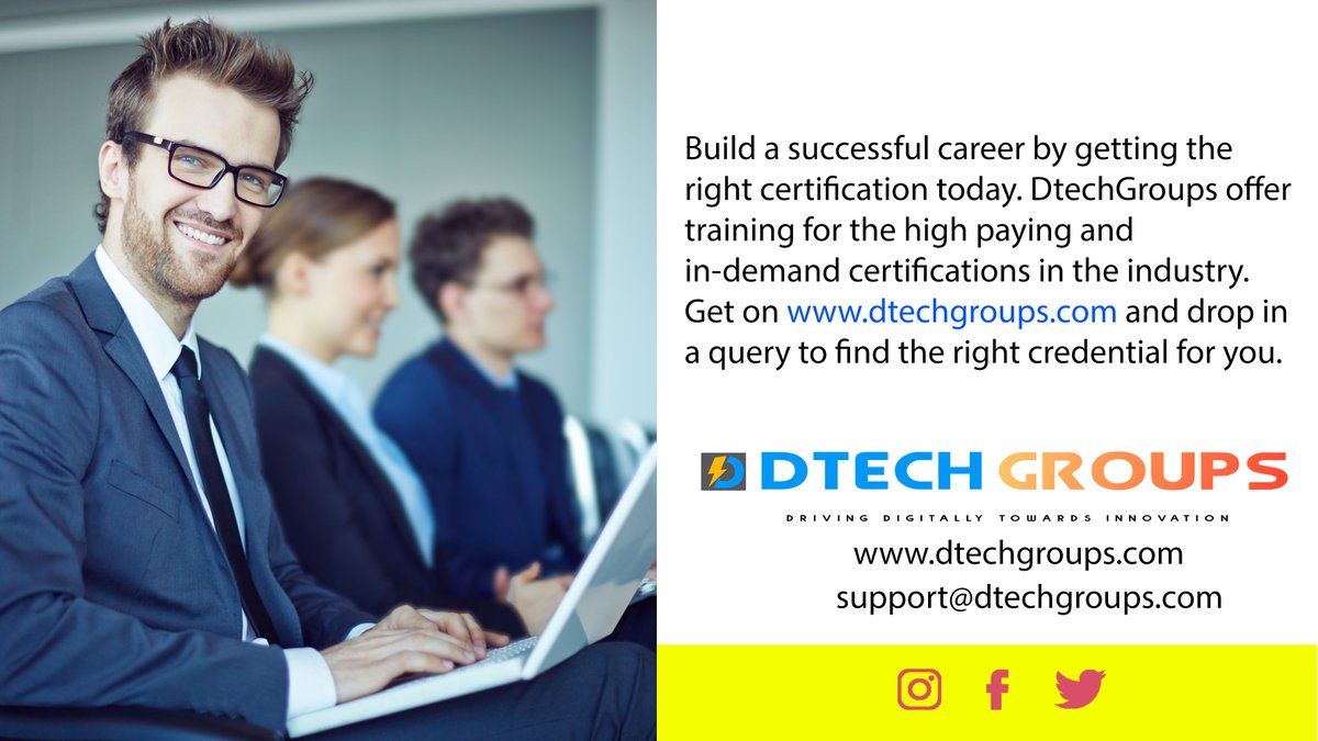 DtechgroupsM's tweet image. DtechGroups offer training for the high paying and in-demand certifications in the industry. Get on dtechgroups.com and drop in a query to find the right credential for you.
#career  #training #certification #course #twitter #dtech