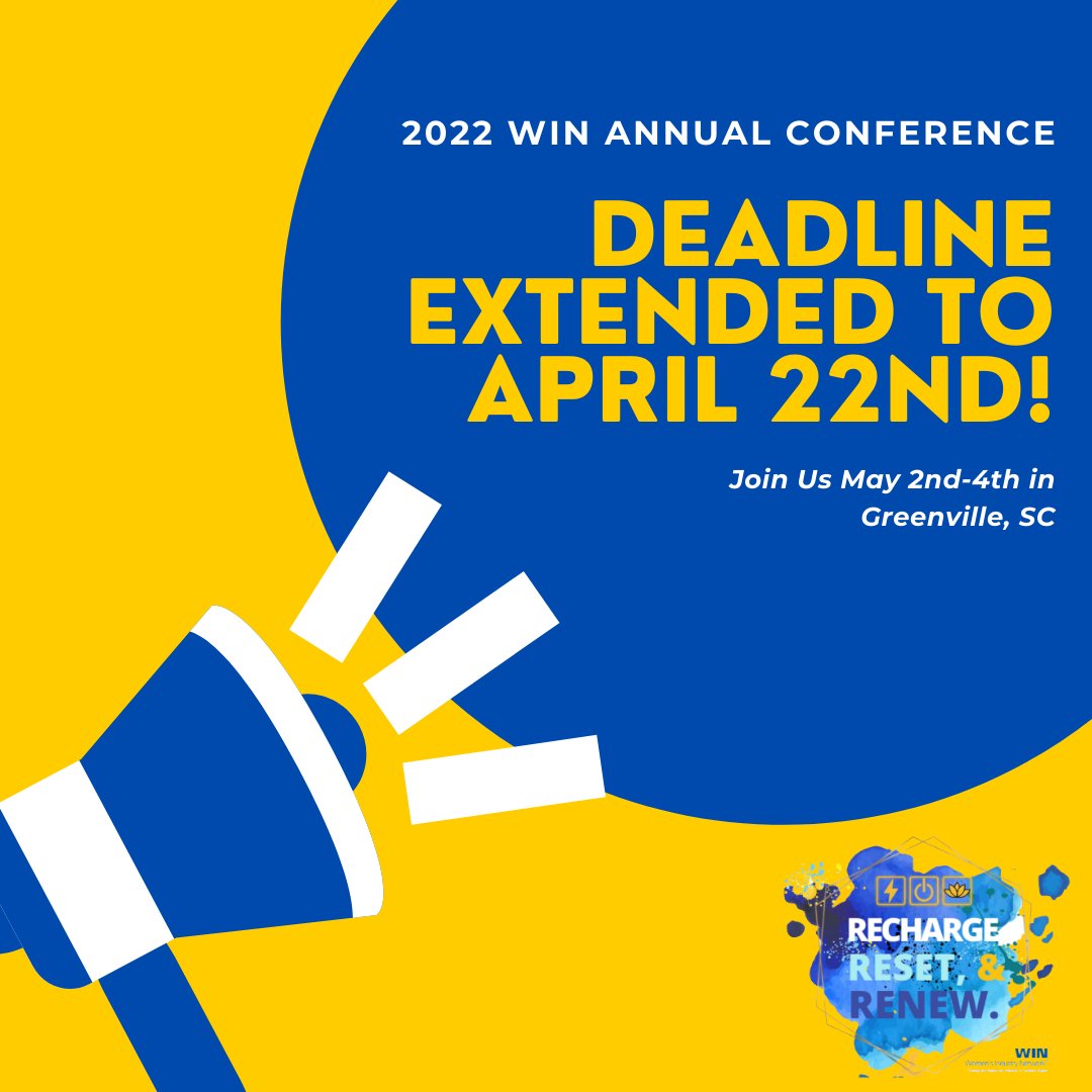 GOOD NEWS: If you initially missed your chance to register the 2022 WIN Annual Conference, we extended the deadline just for you! Get signed up before April 22nd to join us in Greenville, SC: bit.ly/3q0bZAs

 #womenincollision #collisionrepair #WINinGreenville
