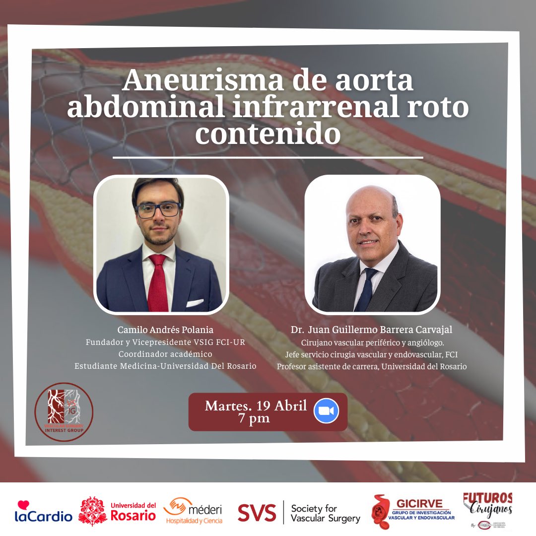 FciVsig's tweet photo. ¡Buenas tardes a todos!  Espero se encuentren muy bien. El día de hoy los invitamos a la ponencia académica titulado *”Aneurisma de aorta infrarrenal roto contenido”* https://t.co/CCwbVVnilN