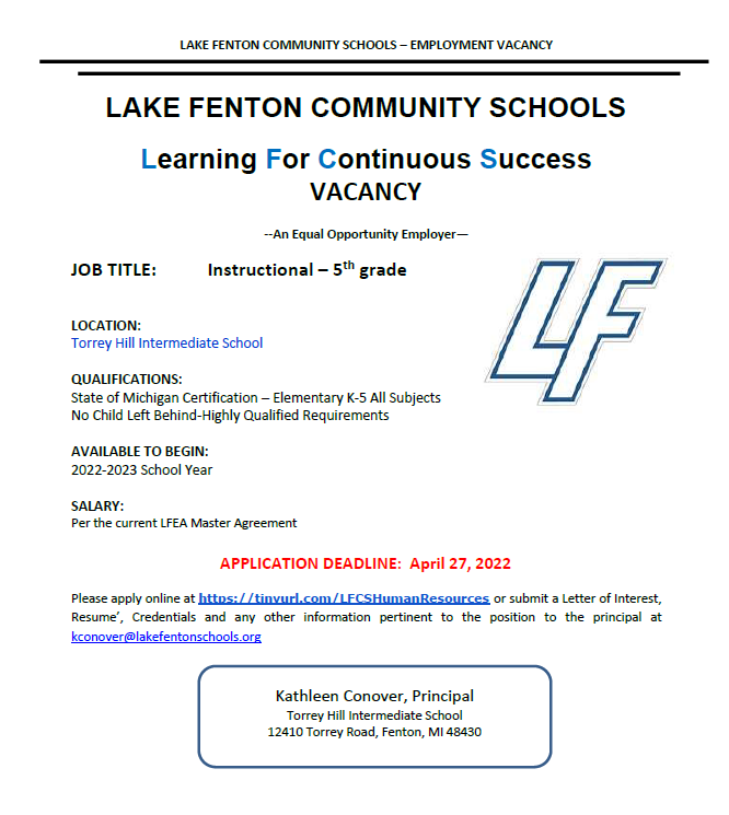 LakeFentonMS's tweet photo. Join our team! Check out the job postings below for more information. 
#LFLeads https://t.co/vhtzytXiUc