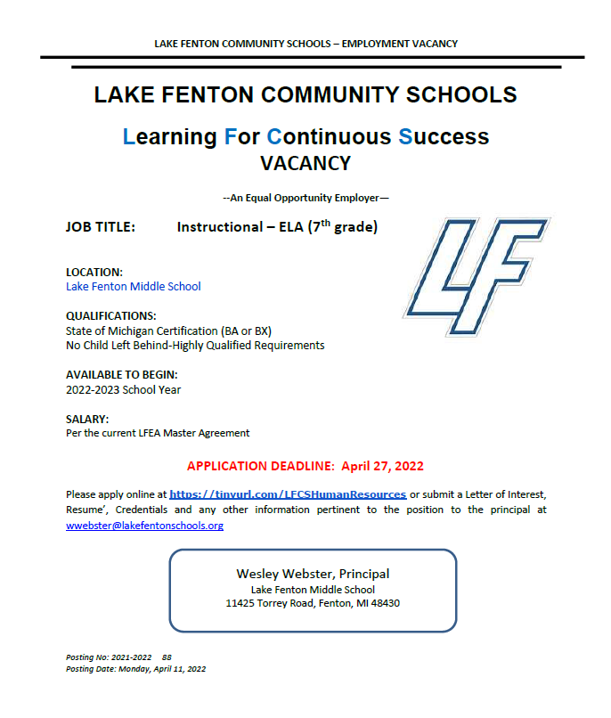 LakeFentonMS's tweet photo. Join our team! Check out the job postings below for more information. 
#LFLeads https://t.co/vhtzytXiUc