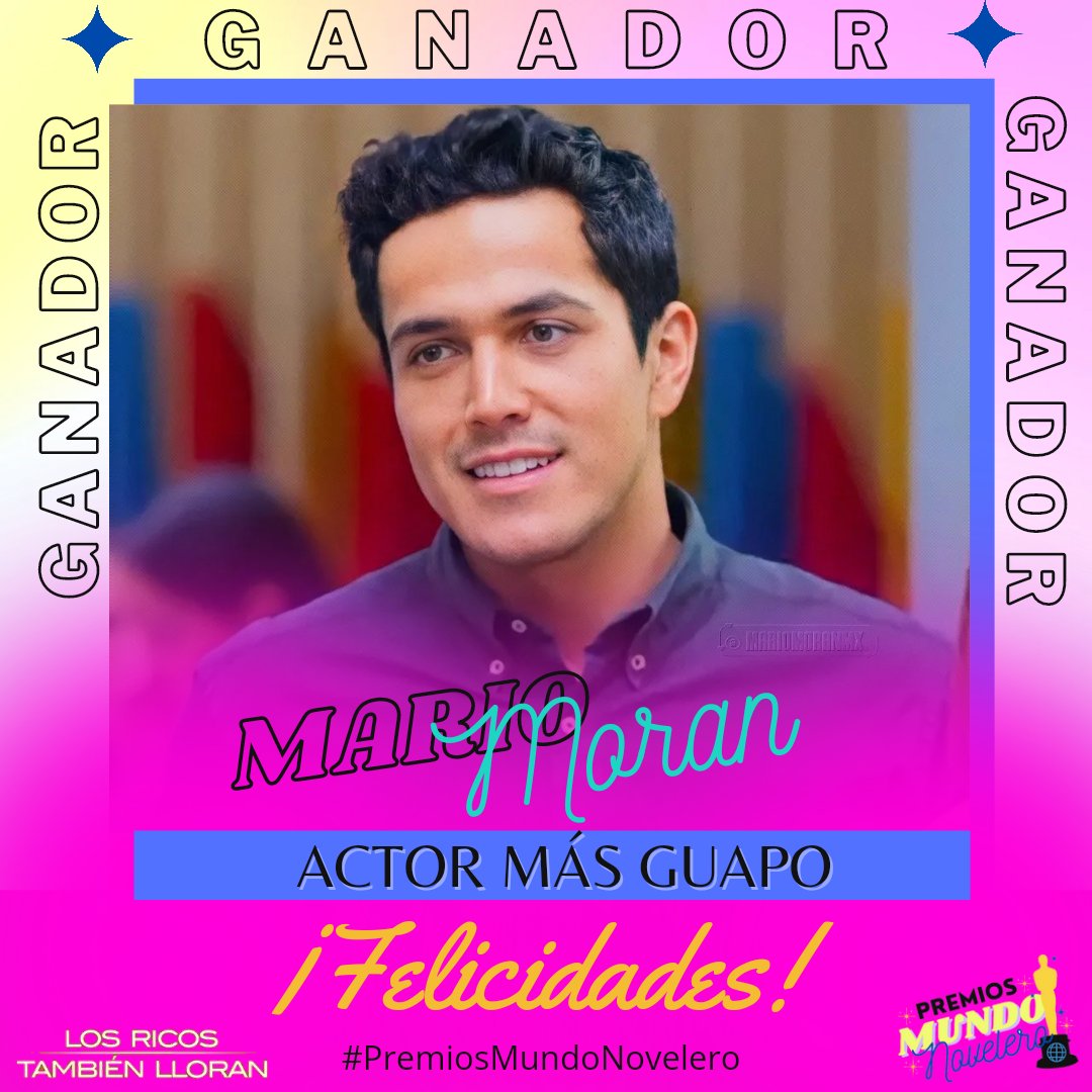 :GANADORES: 
🔺️ :CATEGORÍA ACTOR MAS GUAPO 
Ganador como 🔹️Actor Más Guapo🔹️ fue...  <a href="/mariomoranmx/">Mario Morán | Fan Page 👑</a> bajo el personaje de #Diego en la Telenovela #LosRicosTambienLloran. 
. 
¡Felicidades! 🎊🎉 

Ganado con el 50% de 490 Votos. 

#premiosmundonovelero🎭