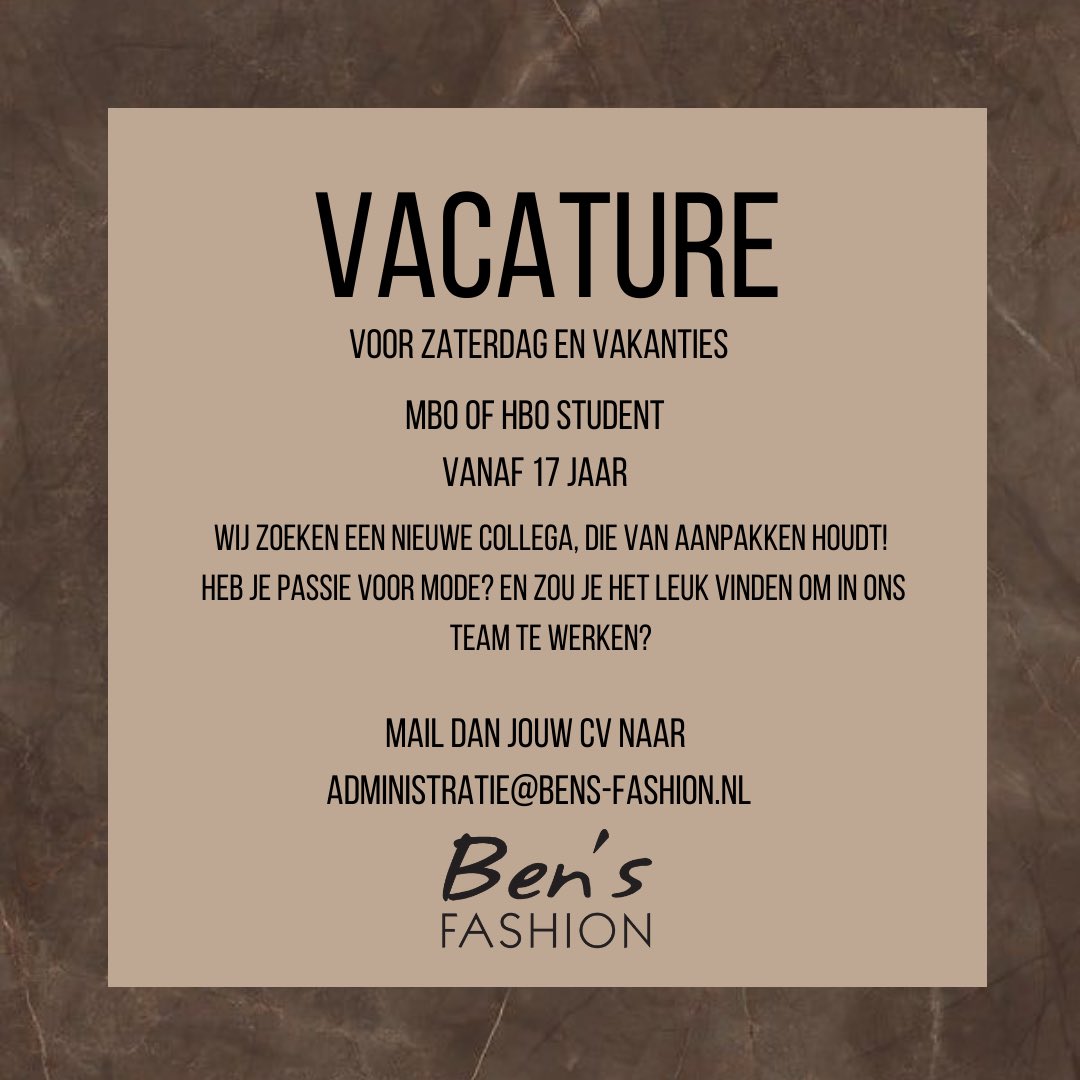 Welke student heeft zin om ons leuke team te komen versterken op zaterdag en in de vakanties? Stuur een mail naar administratie@bens-fashion.nl #vacature #bensfashion #student