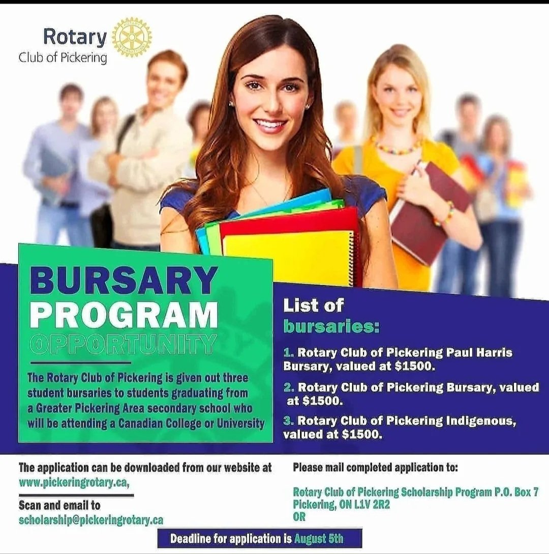 RotaryPickering's tweet image. The Rotary Club of Pickering will be giving out three student bursaries to students graduating from the Greater Pickering Area secondary school who will be attending a Canadian College or a University.   

Link to sign up for bursary:

pickeringrotary.ca/1144/Page/Show…