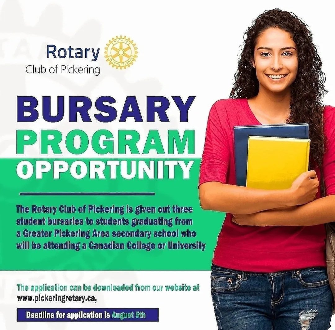 RotaryPickering's tweet image. The Rotary Club of Pickering will be giving out three student bursaries to students graduating from the Greater Pickering Area secondary school who will be attending a Canadian College or a University.   

Link to sign up for bursary:

pickeringrotary.ca/1144/Page/Show…