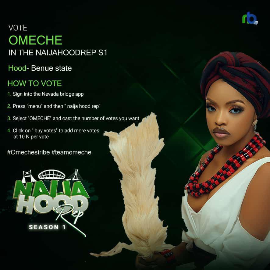 Guys, Omeche is up for eviction in the Naija Hood Rep House. 
Here’s how to vote for your baby girl 🤩
1. Sign into the Nevada bridge app
2. Press ‘menu’ and then ‘Naija hood rep’
3. Select ‘OMECHE’ and cast the number of votes you want

#OmechesTribe #TeamOmeche